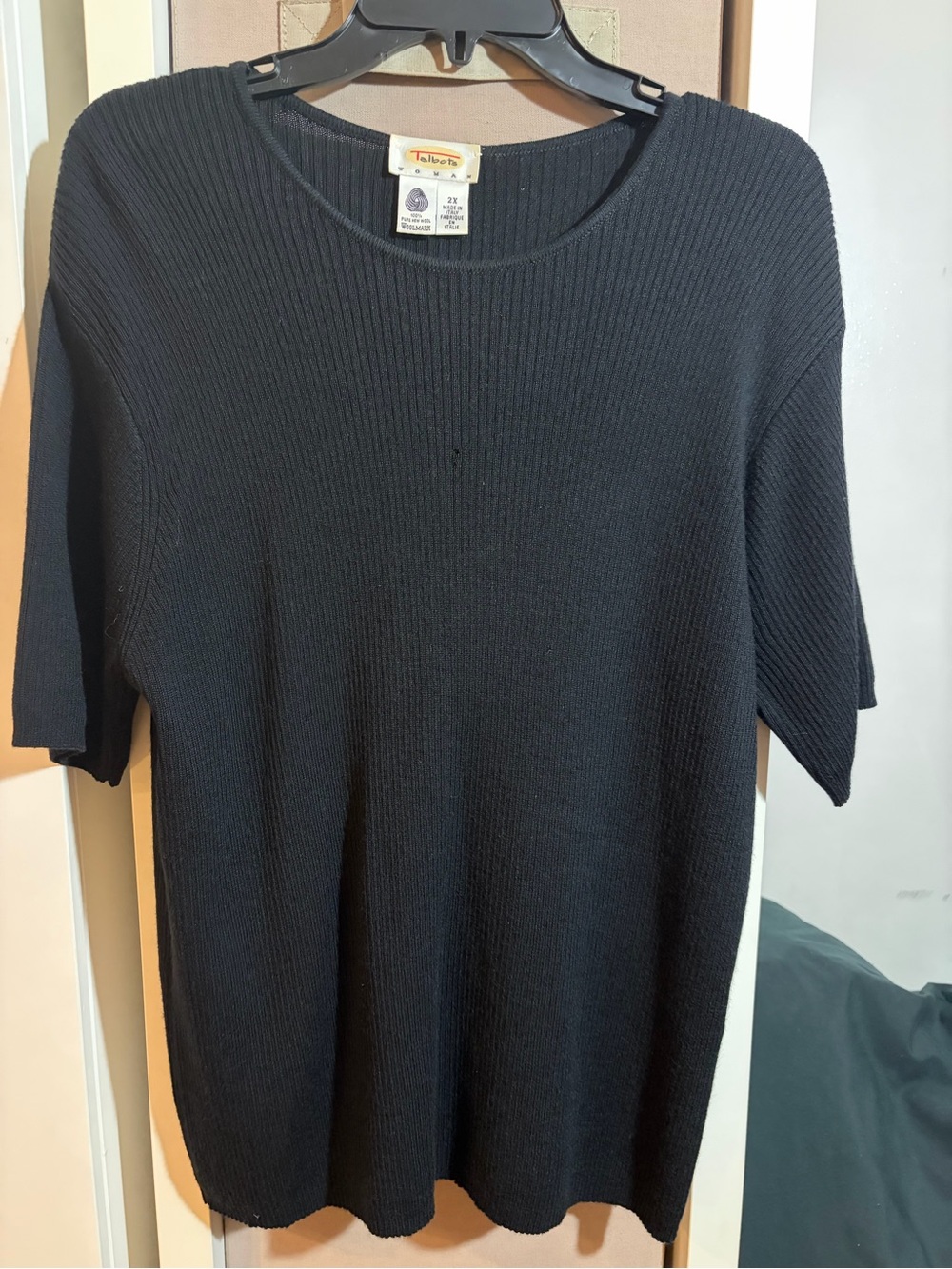 Talbots Black Wool Ribbed Short-Sleeve Knit Shirt